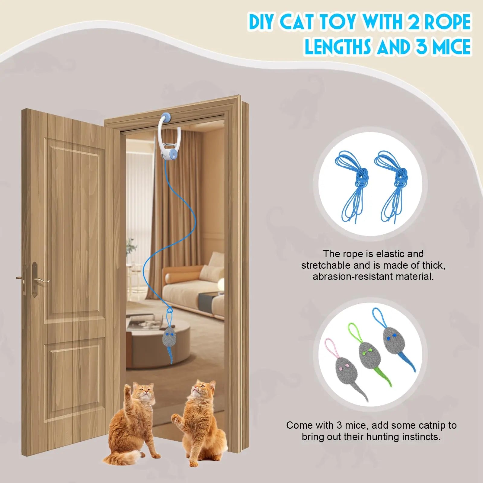 Door Hanging Auto-Rebound Cat Toy, Retractable Kitten Teaser with 3 Catnip Mice, Interactive Pet Play Toy for Indoor Cats - Whit