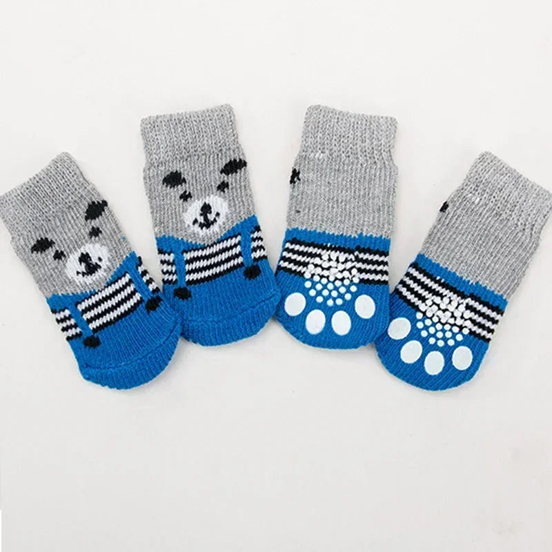 4pcs/Set Cute Puppy Dog Knit Socks Autumn Winter Pet Socks Anti-Slip Knitted Small Dogs Shoes Warm Paw Protector Dog Accessories