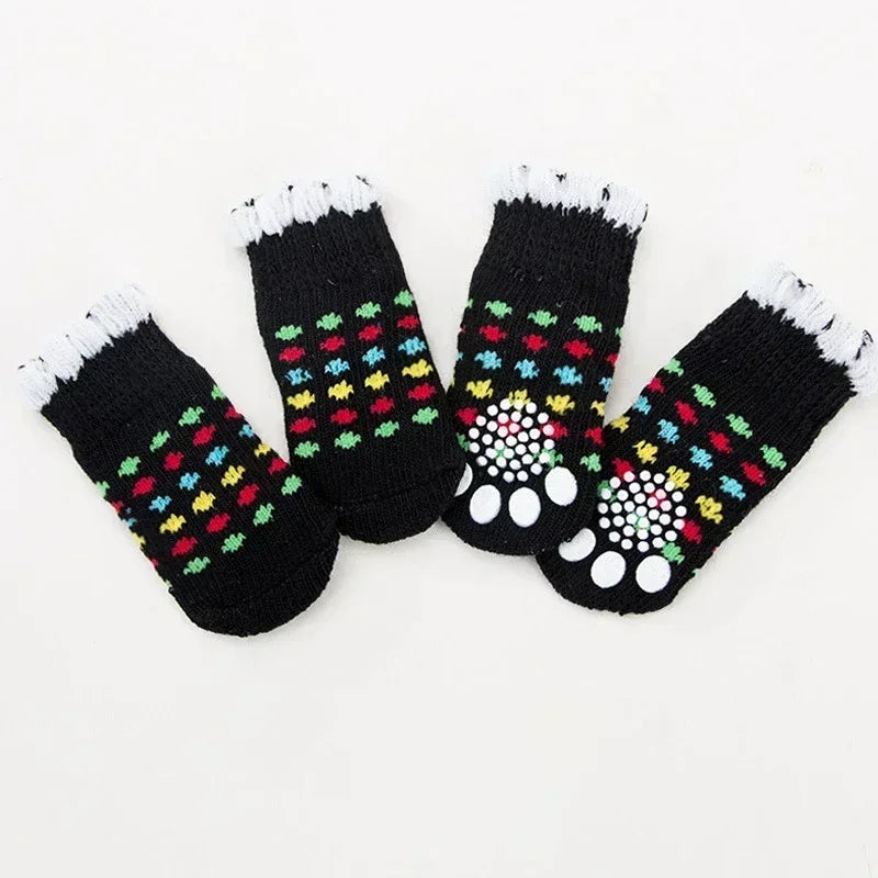 4pcs/Set Cute Puppy Dog Knit Socks Autumn Winter Pet Socks Anti-Slip Knitted Small Dogs Shoes Warm Paw Protector Dog Accessories