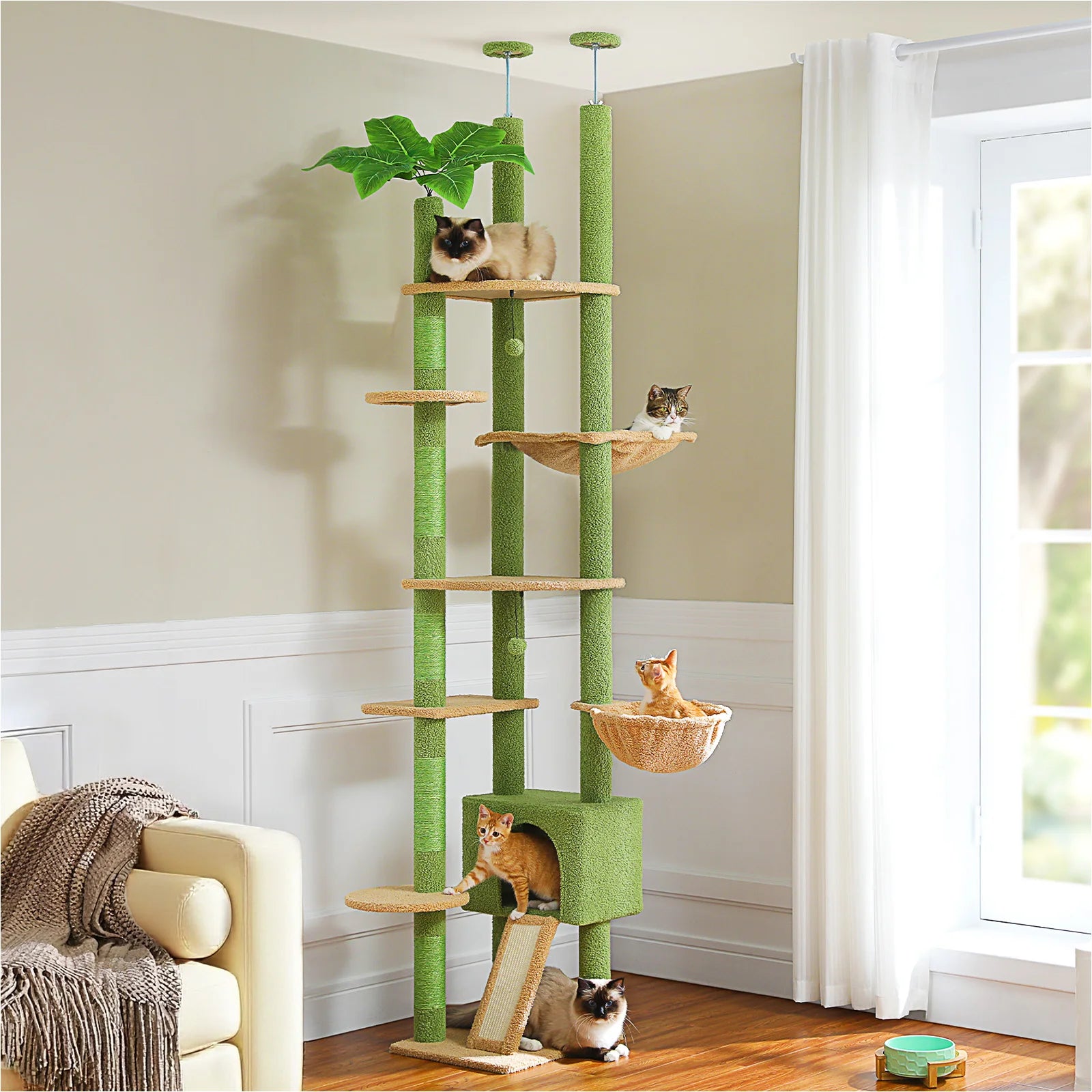 Cactus Cat Tree Floor to Ceiling Cat Tower with Sisal Scratching Post,Comfortable Hammock for Multi-Cat Homes,Cat Accessories