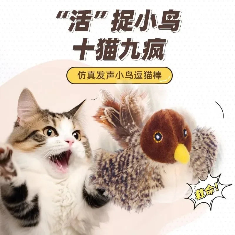 Washable Interactive Cat Toys Plush Flying Bird Squeak Cat Toy Sparrow Catnip Toys Vivid Chirping Simulation Bird Interactive