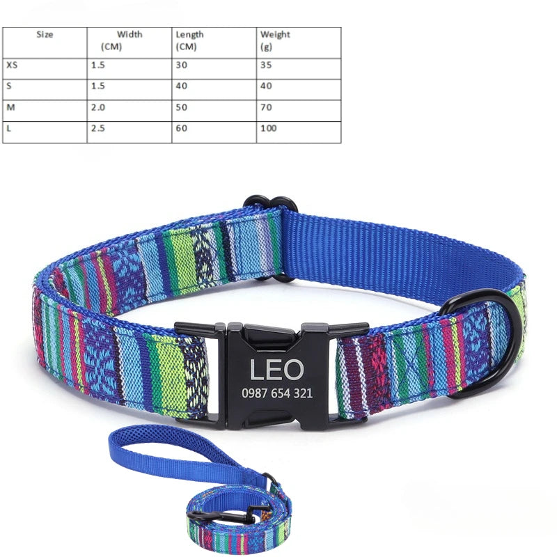 Customized Name Number Dog Collar Bohemian Stripe Plaid Pet Traction Rope Ethnic Pet Collars with Buckle Dog Accessories