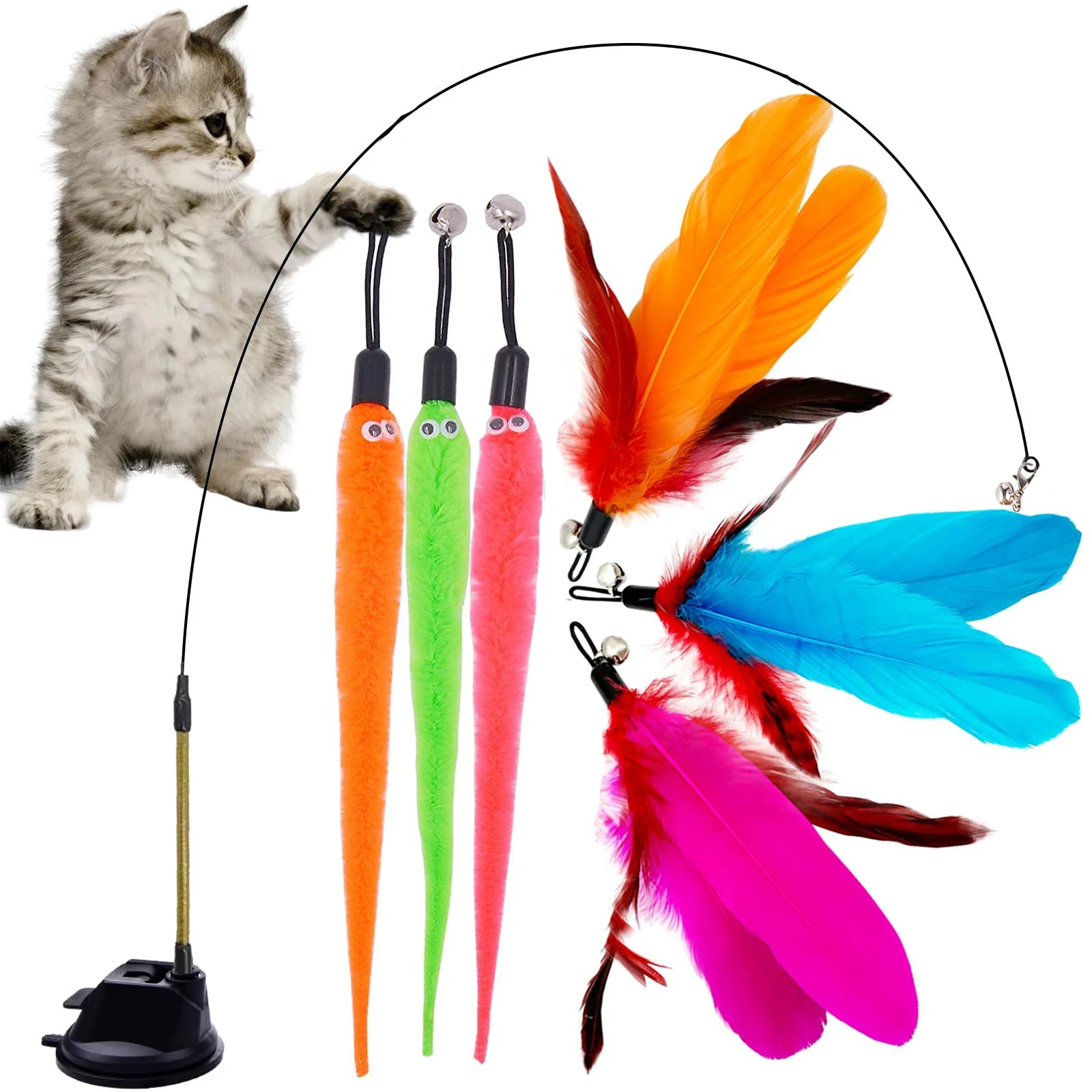 7pcs Interactive Cat Toys - Retractable Wand Toy and Feather Toys Refills for Indoor Cats to Chase and Exercise