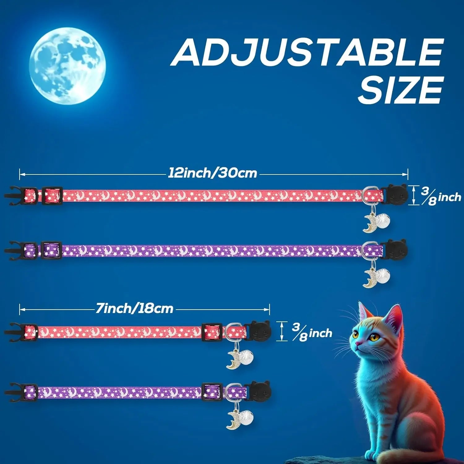 4 PCS Glow Cat Collars Breakaway with Bell Moons Stars,Cute Kitten Collar with Pendant for Girl Boy Cats Puppy, Cat Accessories