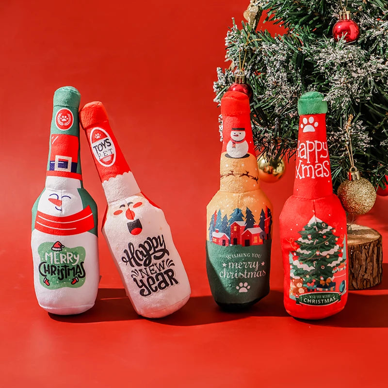 Christmas Dog Toys Squeaking Interactive Colorful Wine Bottle Santa Claus Christmas Tree Pet Chewing Toy Funny Gift Plush Toy
