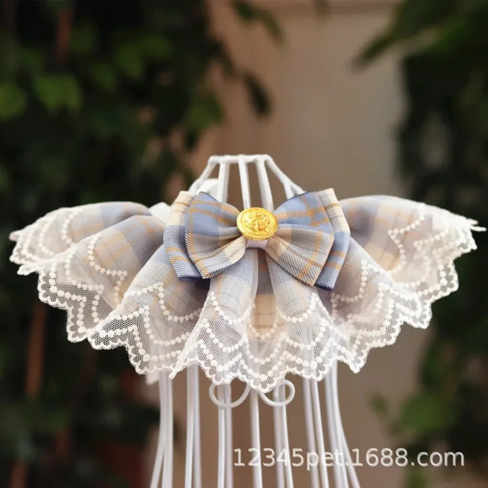 Plaid Lace Cat Ribbon Collar Gauze Kitten Bowtie Cotton Necklace Bibs for Dogs Cat Accessories Pet Products קולר לכלבים קטנים