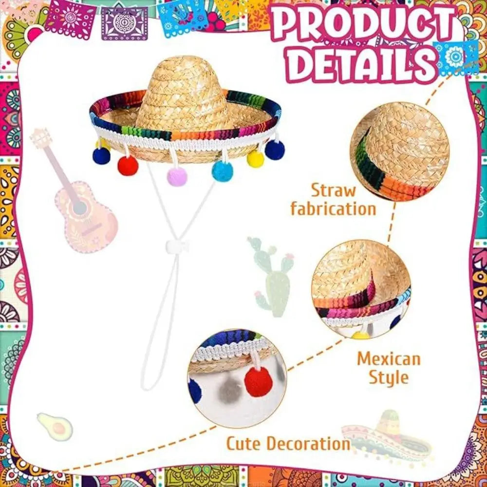 Cat Accessories Adjustable Pet Hat Scarf Multicolor Mexican Style Dog Bandanas with Glasses Pet Bibs Hairball Grass Hat