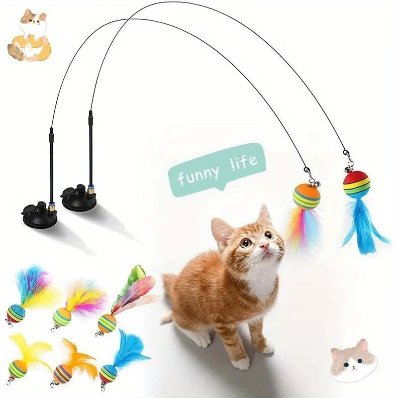 Cat Toys Interactive Funny Cat Feather Wand Suction Cup Ball Feathers Replacements with Bells for Indoor Cats Kitten Exercise