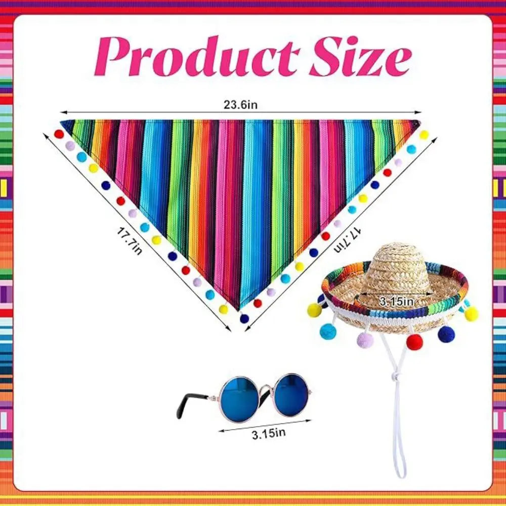 Cat Accessories Adjustable Pet Hat Scarf Multicolor Mexican Style Dog Bandanas with Glasses Pet Bibs Hairball Grass Hat