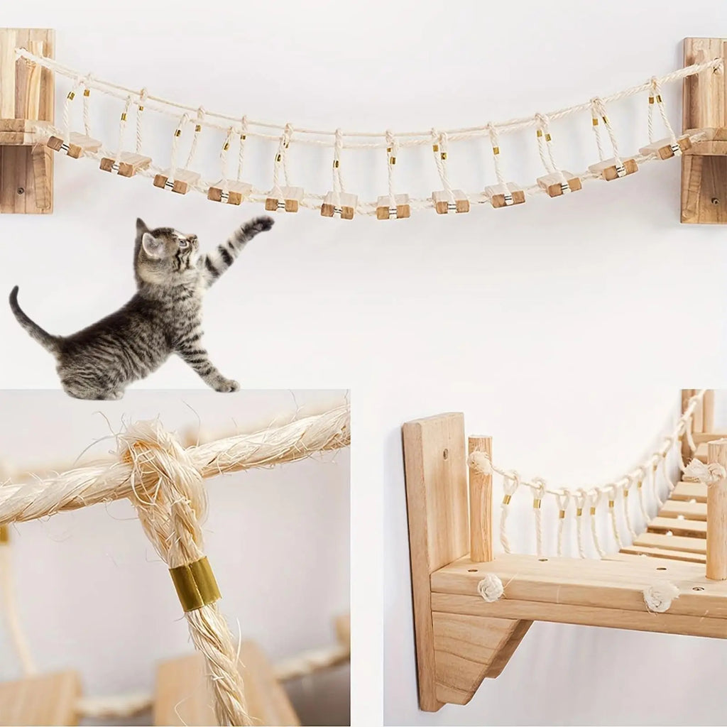 100cm Cat Roped Bridge Ladder Long for Indoor Cats Wall Mounted Climbing Steps Shelf Wooden Furniture for Cat Accessories