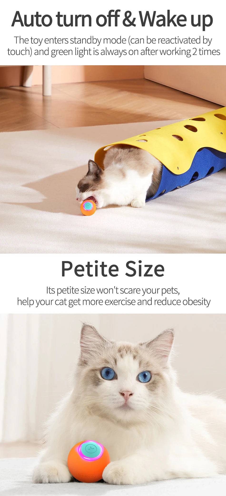 ROJECO Smart Interactive Cat Bouncing Ball Active Rolling Ball For Dog Rechargeable Automatic Rotating Moving Balls For Cat Game