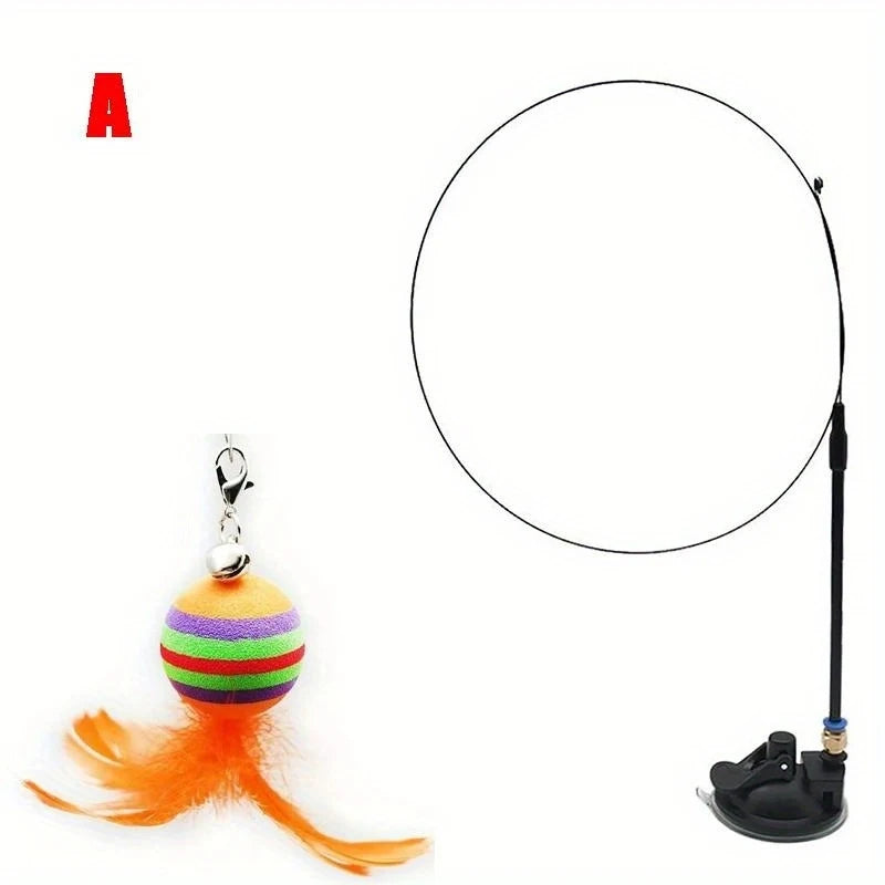 Cat Toys Interactive Funny Cat Feather Wand Suction Cup Ball Feathers Replacements with Bells for Indoor Cats Kitten Exercise