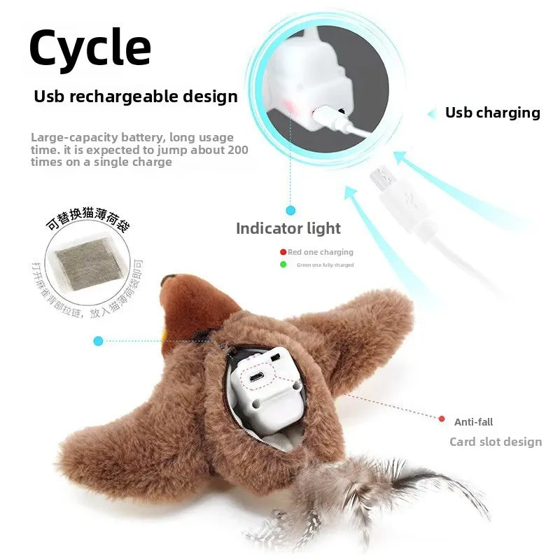Chirping Bird Cat Toy Simulated Bird Interaction Toy Sparrow USB Rechargeable Flying Bird Cat Toys for Indoor Cats
