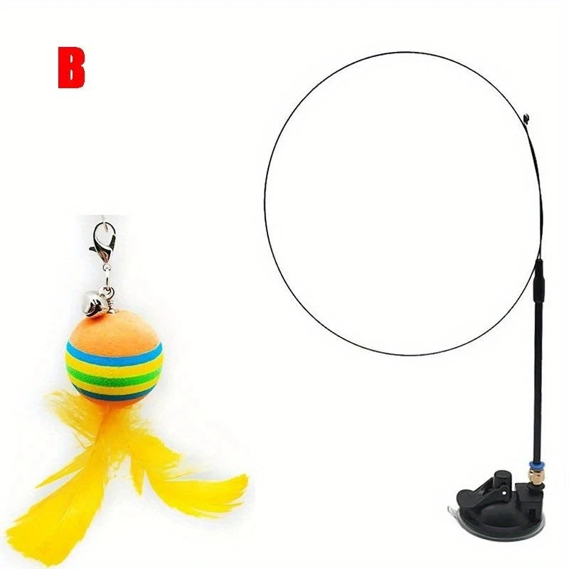 Cat Toys Interactive Funny Cat Feather Wand Suction Cup Ball Feathers Replacements with Bells for Indoor Cats Kitten Exercise