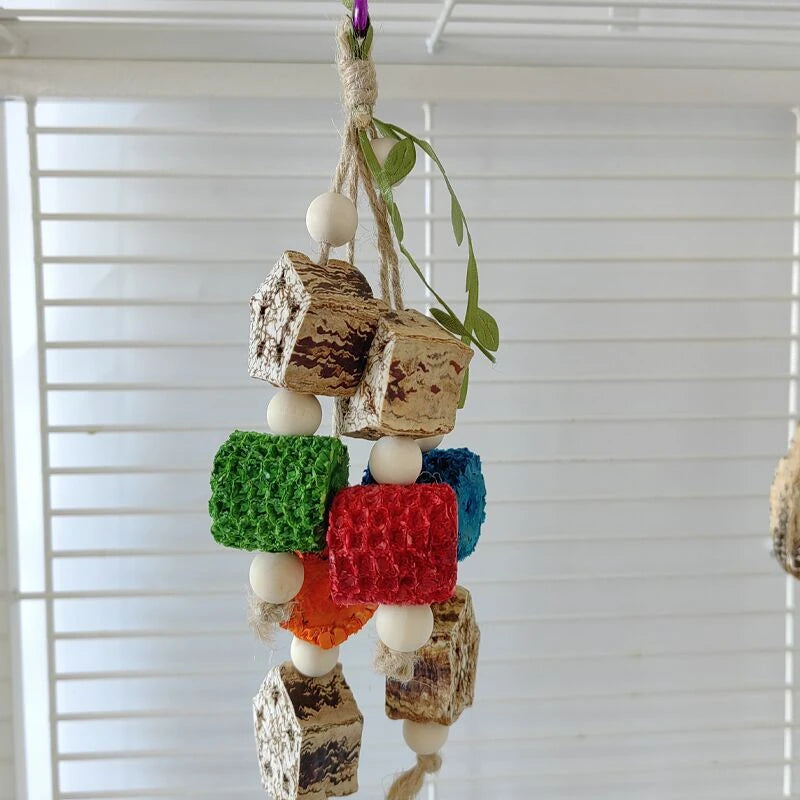 Bird Parrot Toys Birdcage Hanging Molar Toys Natural Wooden Blocks Parrot Chewing Toys Parrot Cage Colorful Hanging Decoration