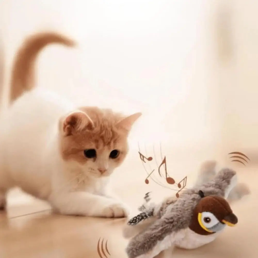Chirping Bird Cat Toy Simulated Bird Interaction Toy Sparrow USB Rechargeable Flying Bird Cat Toys for Indoor Cats