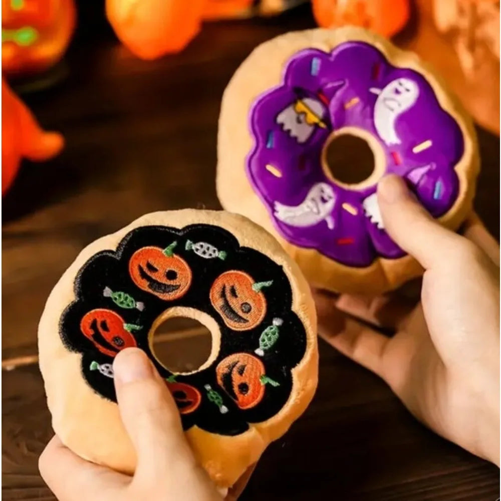 Halloween Dog Toys Pumpkin Ghost Funny Plush Donut Squeaky Pet Toy for Boredom Unstuffed Chew Toy Soft Plush Puppy Toy