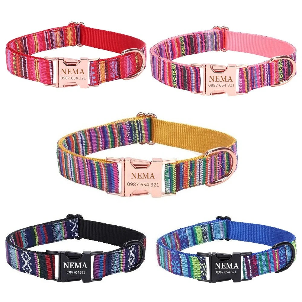 Customized Name Number Dog Collar Bohemian Stripe Plaid Pet Traction Rope Ethnic Pet Collars with Buckle Dog Accessories