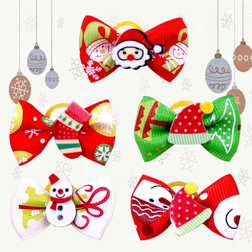 20Pcs Christmas Dog Bows Samll Dog Hair Bows Rubber Bands Cute Grooming Holiday Party Pet Supplies Pet Dog Accessories