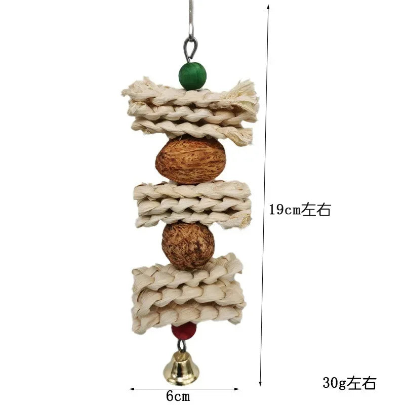 1pcs Natural Wooden Grass Chewing Bird Parrot Toy with Bell Bite Hanging Cage Swing Climb Chew Toys Bird Toys for Cage Pet Toys