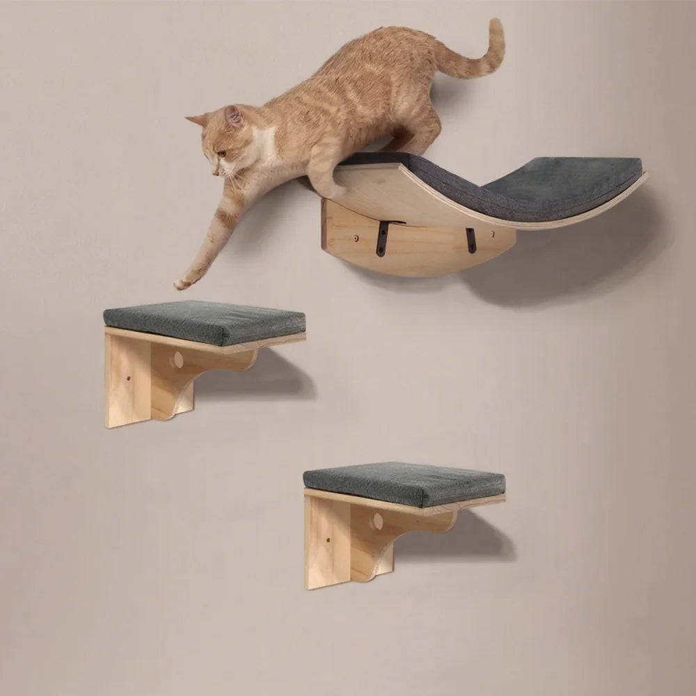 Cat Climbing Frame Cat Wall Steps and Perch Beds Anti-Scratch with Scratching Cushion Modern Wooden Climbing Cat Accessories