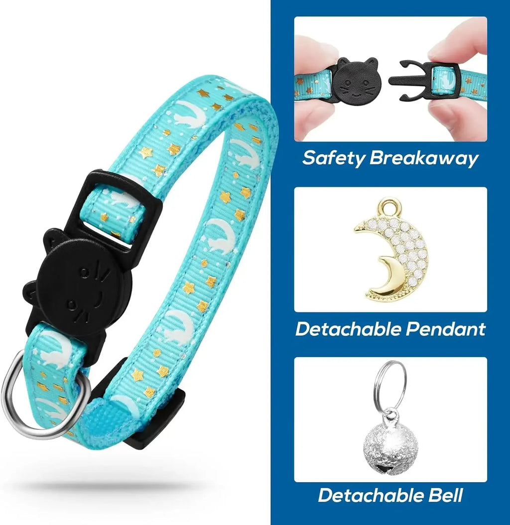4 PCS Glow Cat Collars Breakaway with Bell Moons Stars,Cute Kitten Collar with Pendant for Girl Boy Cats Puppy, Cat Accessories