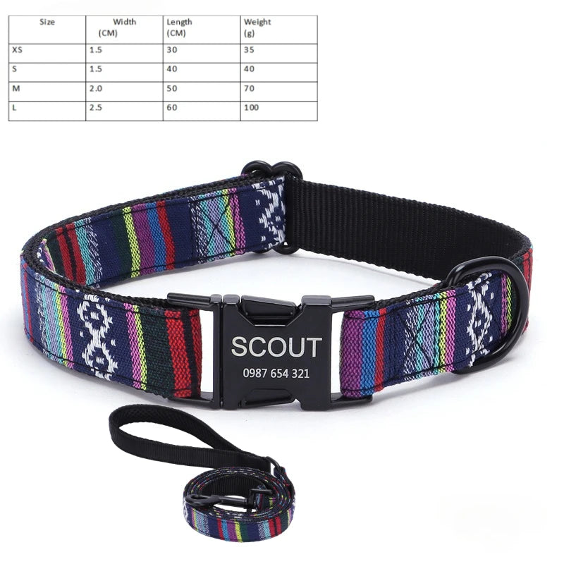 Customized Name Number Dog Collar Bohemian Stripe Plaid Pet Traction Rope Ethnic Pet Collars with Buckle Dog Accessories