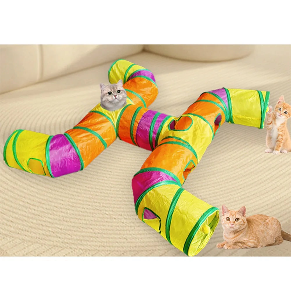 Pet Tunnel Multi Cat Interactive Rainbow Channel Large Multi Exit Foldable Cat Toy Drilling Cat Channel Durable Scratch and Bite