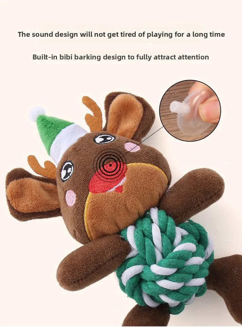 Christmas Plush Dog Toys with Cotton Rope & Squeakers  Chew Resistant Animal Dental Toys for Puppies Teething Chew Toys