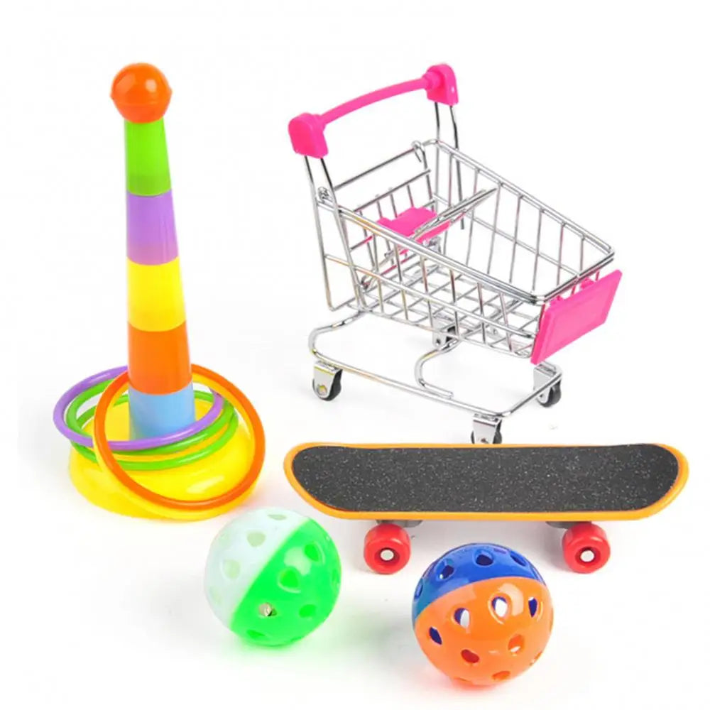 5/6/7Pcs Parrot Toys Kit Pet Bird Skateboard Ball Mini Shopping Cart Foraging Training Rings Educational Puzzle Playing Toy