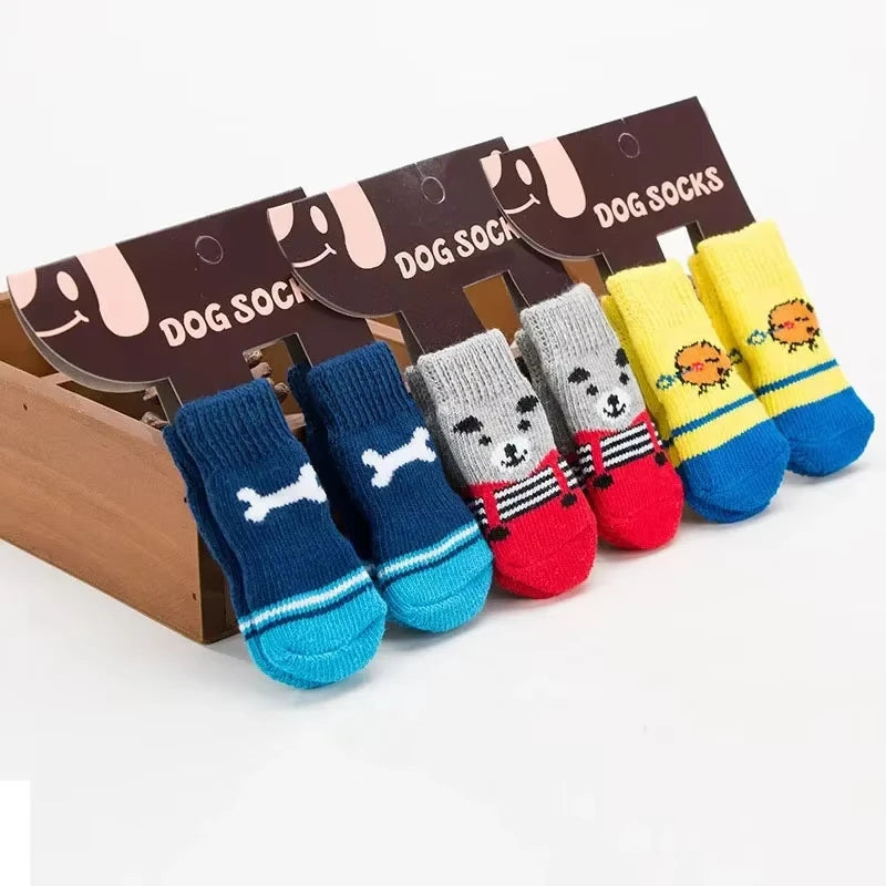 4pcs/Set Cute Puppy Dog Knit Socks Autumn Winter Pet Socks Anti-Slip Knitted Small Dogs Shoes Warm Paw Protector Dog Accessories