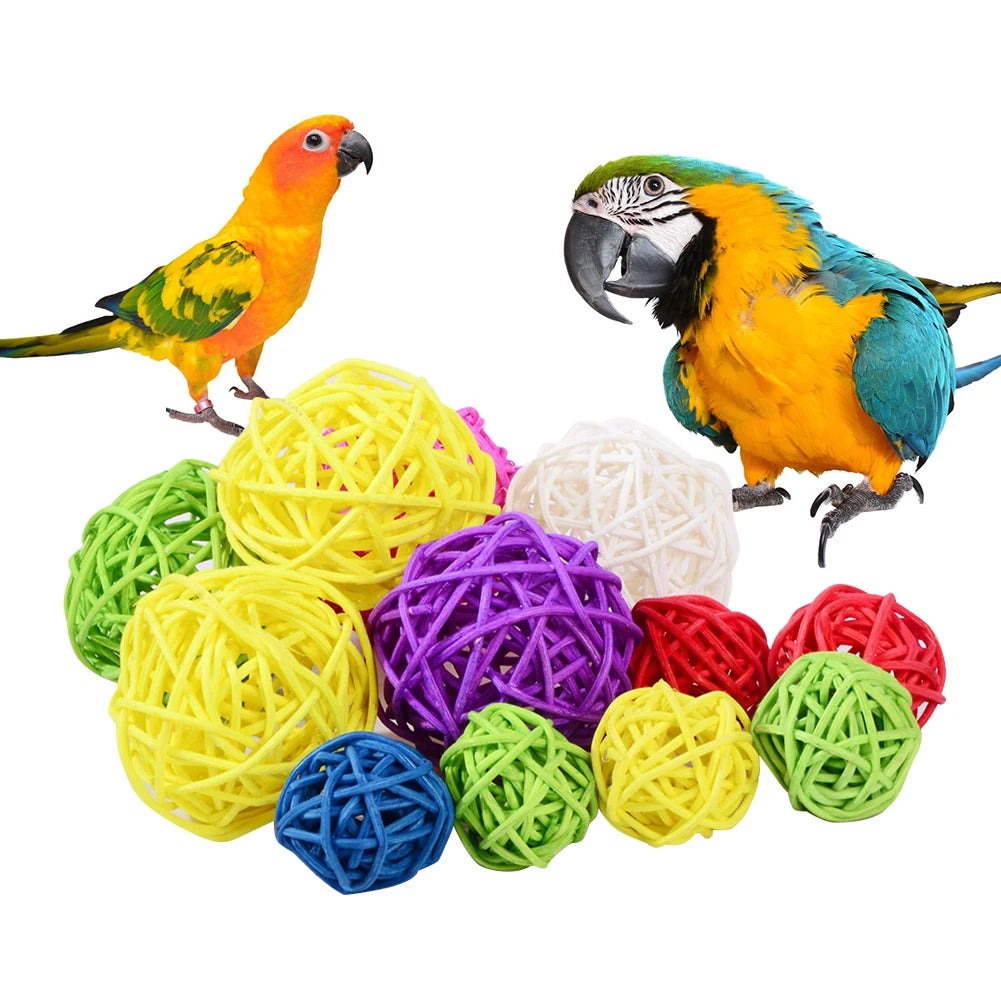 10Pcs Interactive Rattan Balls Parrot Toys Parrot Chewing Bite Toy Brass Bird Training Whistle for Parakeet Budgie Bird Supplies