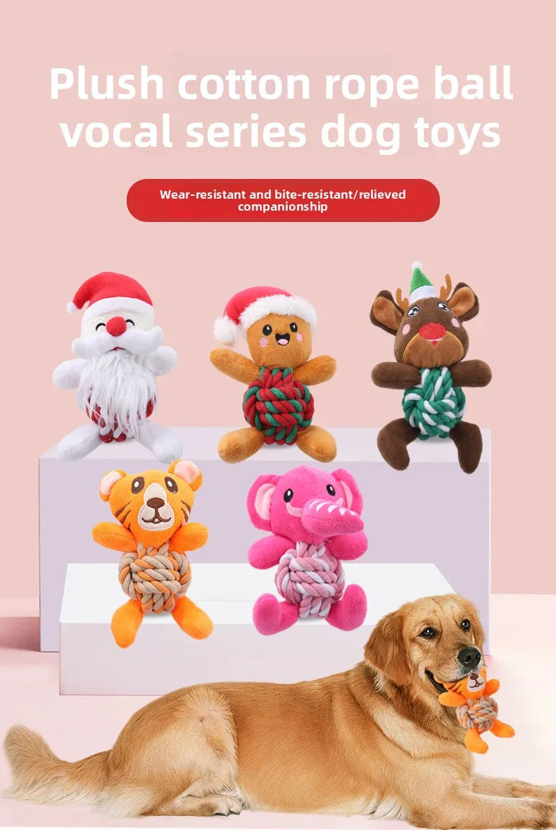 Christmas Plush Dog Toys with Cotton Rope & Squeakers  Chew Resistant Animal Dental Toys for Puppies Teething Chew Toys