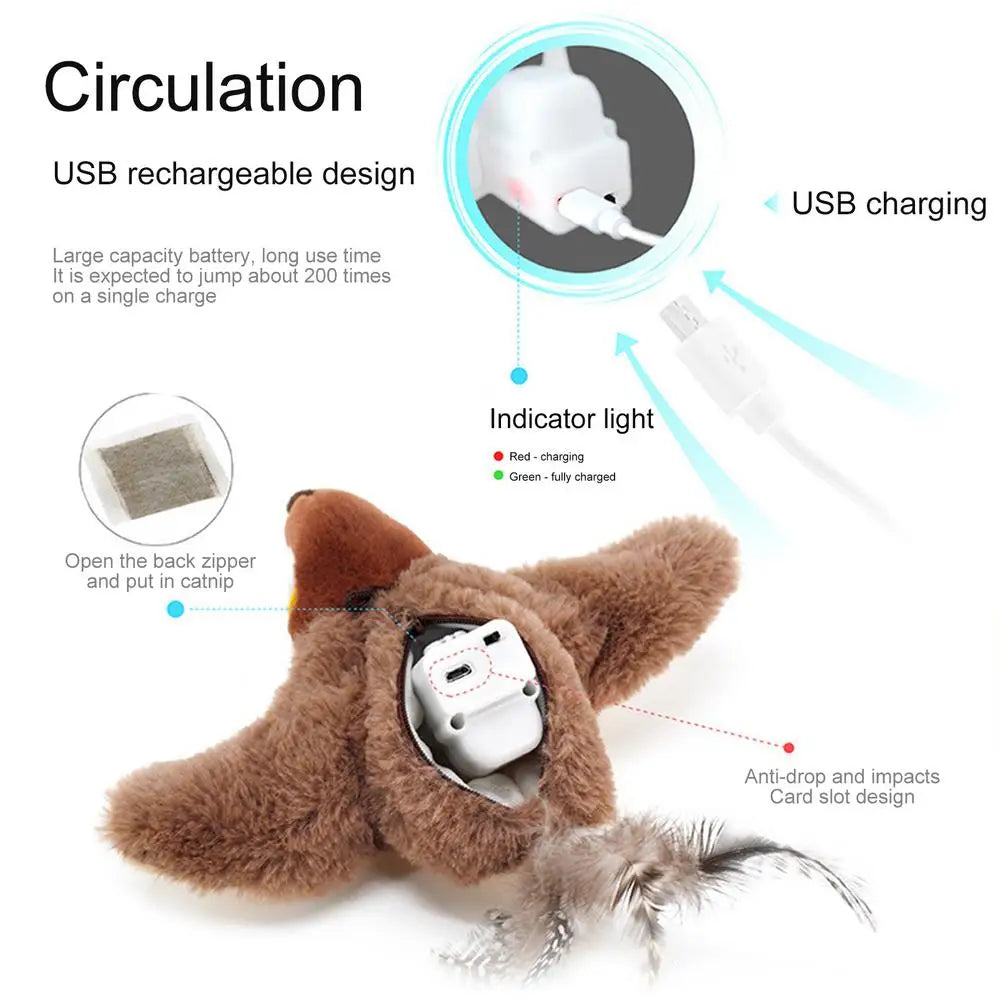 Chirping Bird Cat Toy Simulated Bird Interaction Toy Sparrow USB Rechargeable Flying Bird Cat Toys for Indoor Cats