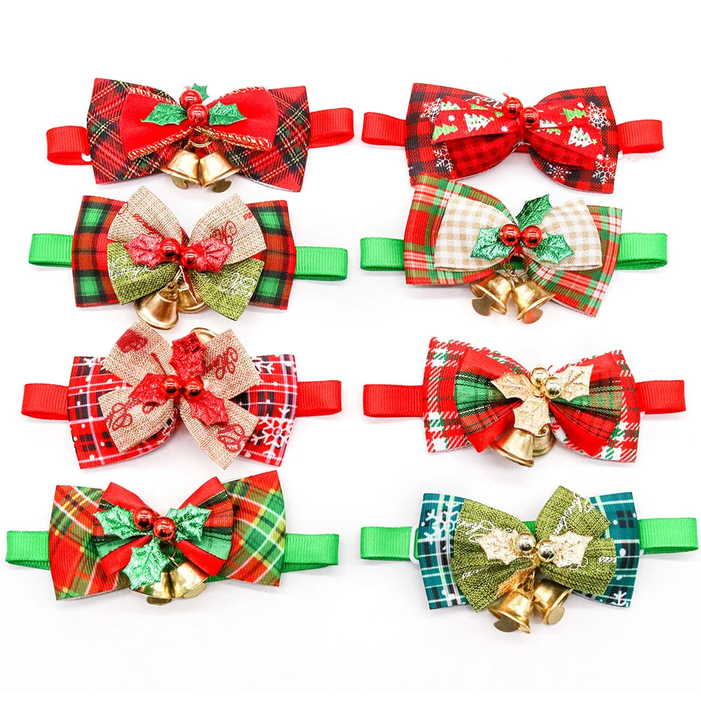 10PCS Pet Dog Bowtie with Bell Christmas Style Grooming Adjustable Dog Collar Bows for Small Dogs Puppy Party Dog Accessories