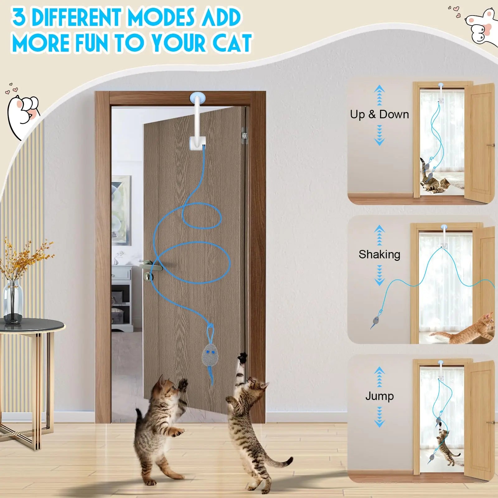 Door Hanging Auto-Rebound Cat Toy, Retractable Kitten Teaser with 3 Catnip Mice, Interactive Pet Play Toy for Indoor Cats - Whit