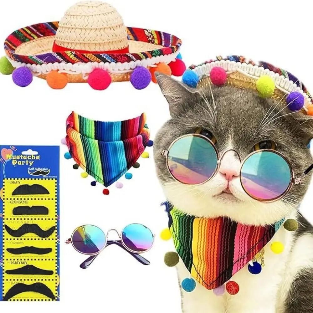 Cat Accessories Adjustable Pet Hat Scarf Multicolor Mexican Style Dog Bandanas with Glasses Pet Bibs Hairball Grass Hat