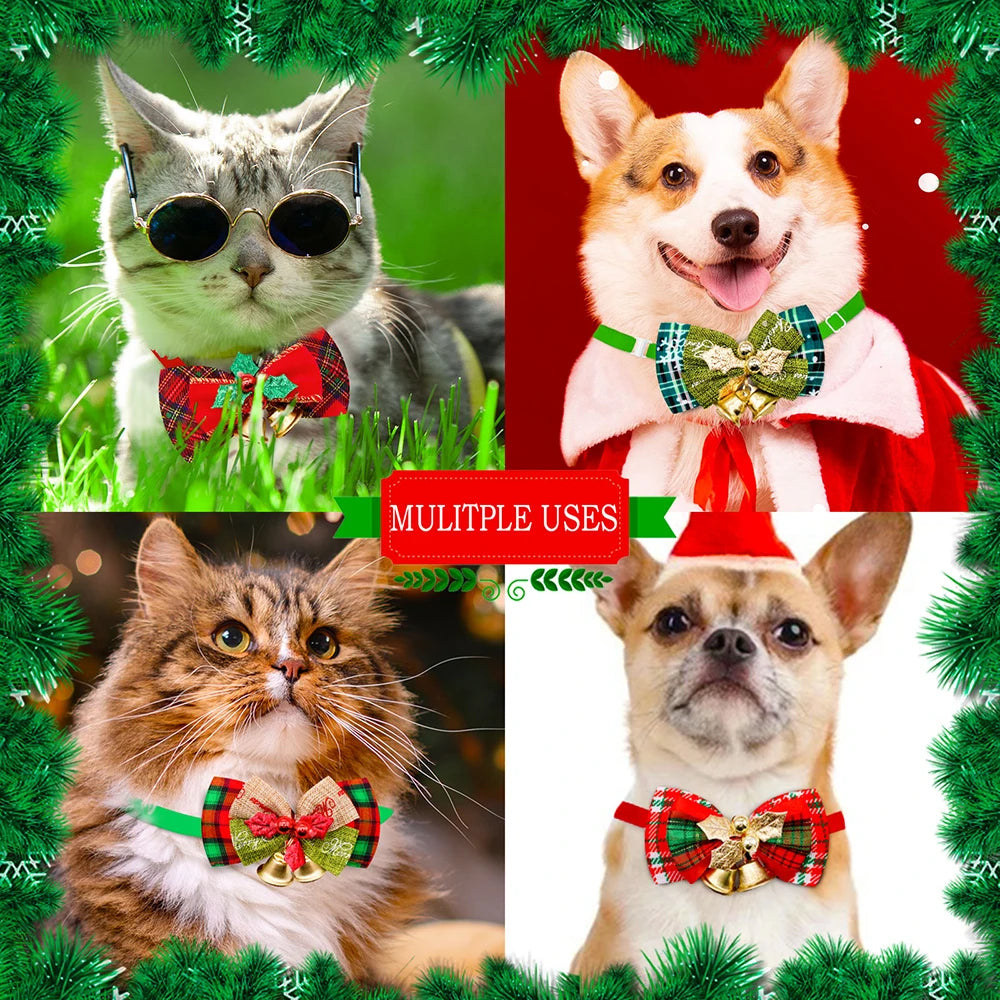 10PCS Pet Dog Bowtie with Bell Christmas Style Grooming Adjustable Dog Collar Bows for Small Dogs Puppy Party Dog Accessories