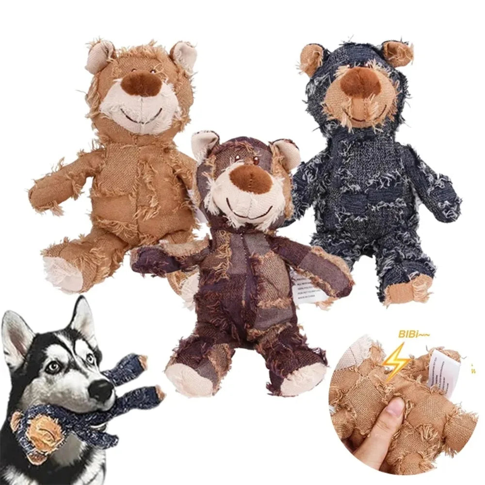Dog Companion for Chewers Indestructible Bear Toy Resistant Squeaky Dog Toys Heavy Chewers Stuffed Plush Dog Toys for Aggressive