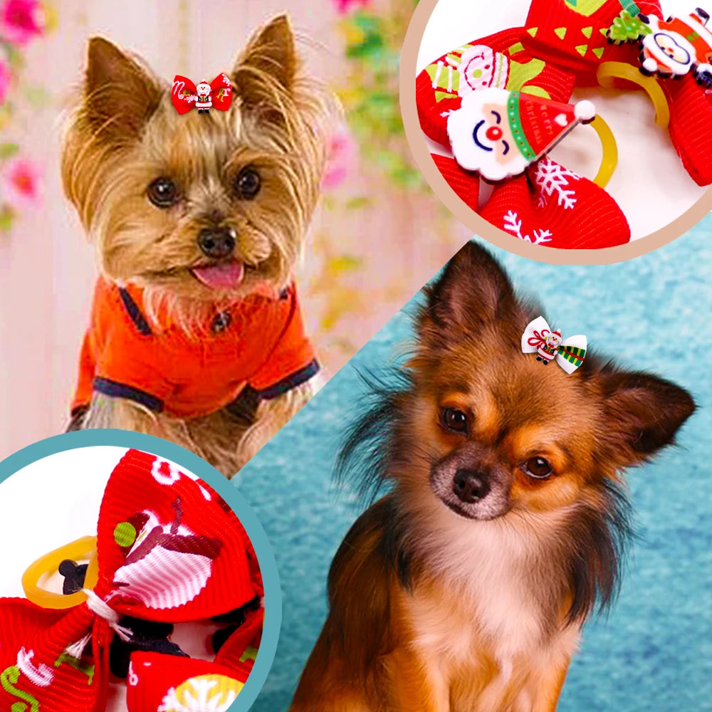 20Pcs Christmas Dog Bows Samll Dog Hair Bows Rubber Bands Cute Grooming Holiday Party Pet Supplies Pet Dog Accessories