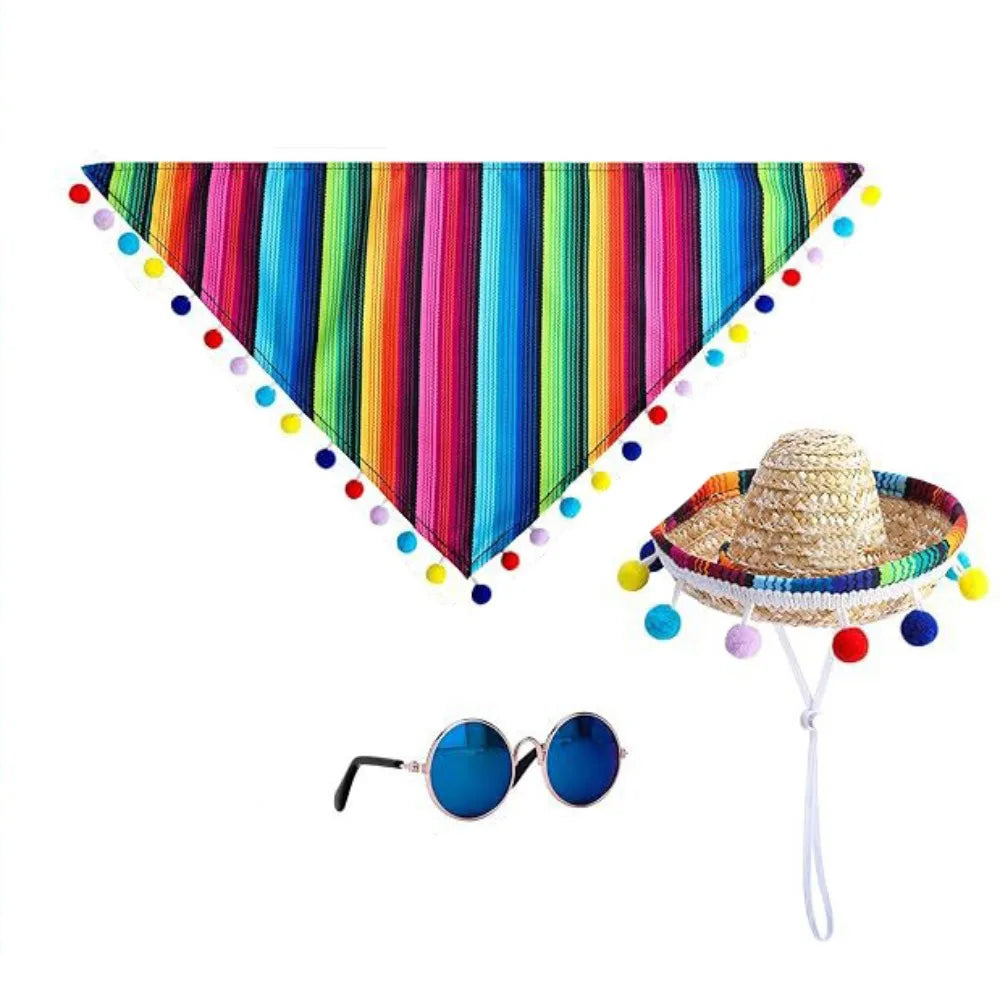 Cat Accessories Adjustable Pet Hat Scarf Multicolor Mexican Style Dog Bandanas with Glasses Pet Bibs Hairball Grass Hat