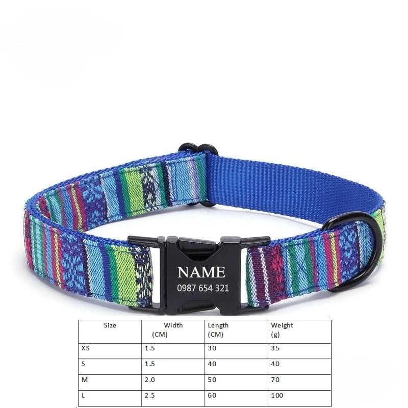 Customized Name Number Dog Collar Bohemian Stripe Plaid Pet Traction Rope Ethnic Pet Collars with Buckle Dog Accessories