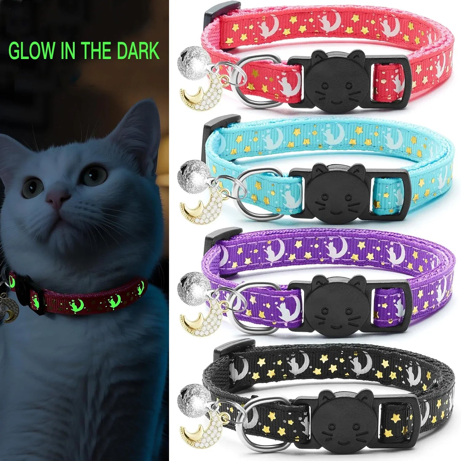 4 PCS Glow Cat Collars Breakaway with Bell Moons Stars,Cute Kitten Collar with Pendant for Girl Boy Cats Puppy, Cat Accessories