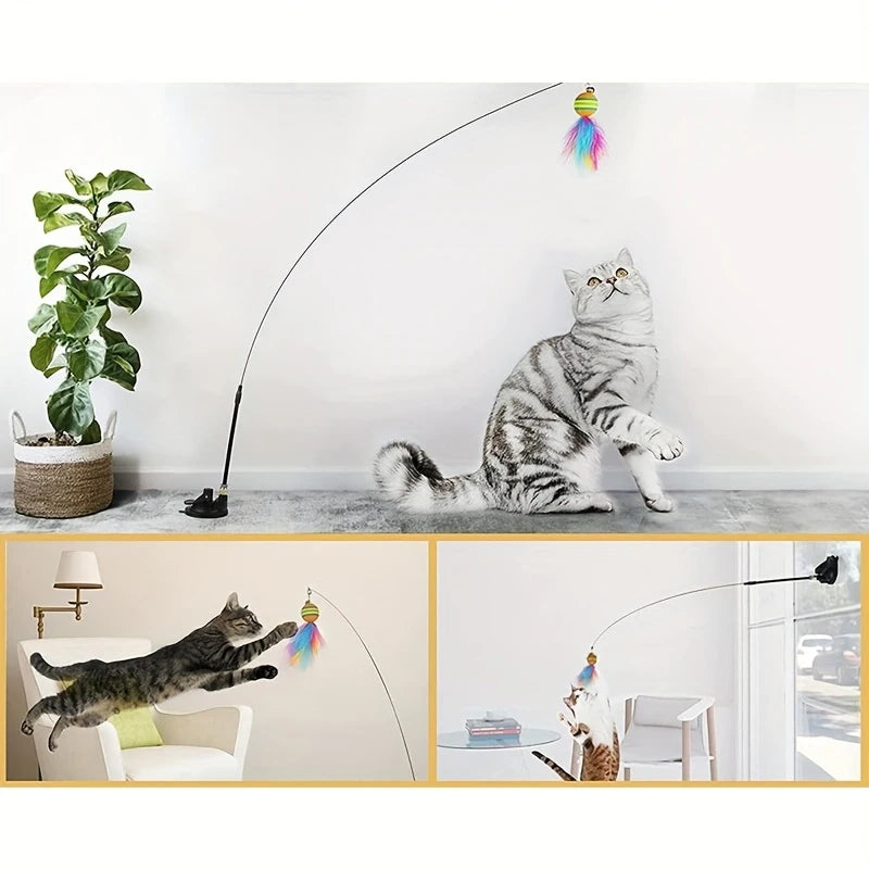 Cat Toys Interactive Funny Cat Feather Wand Suction Cup Ball Feathers Replacements with Bells for Indoor Cats Kitten Exercise