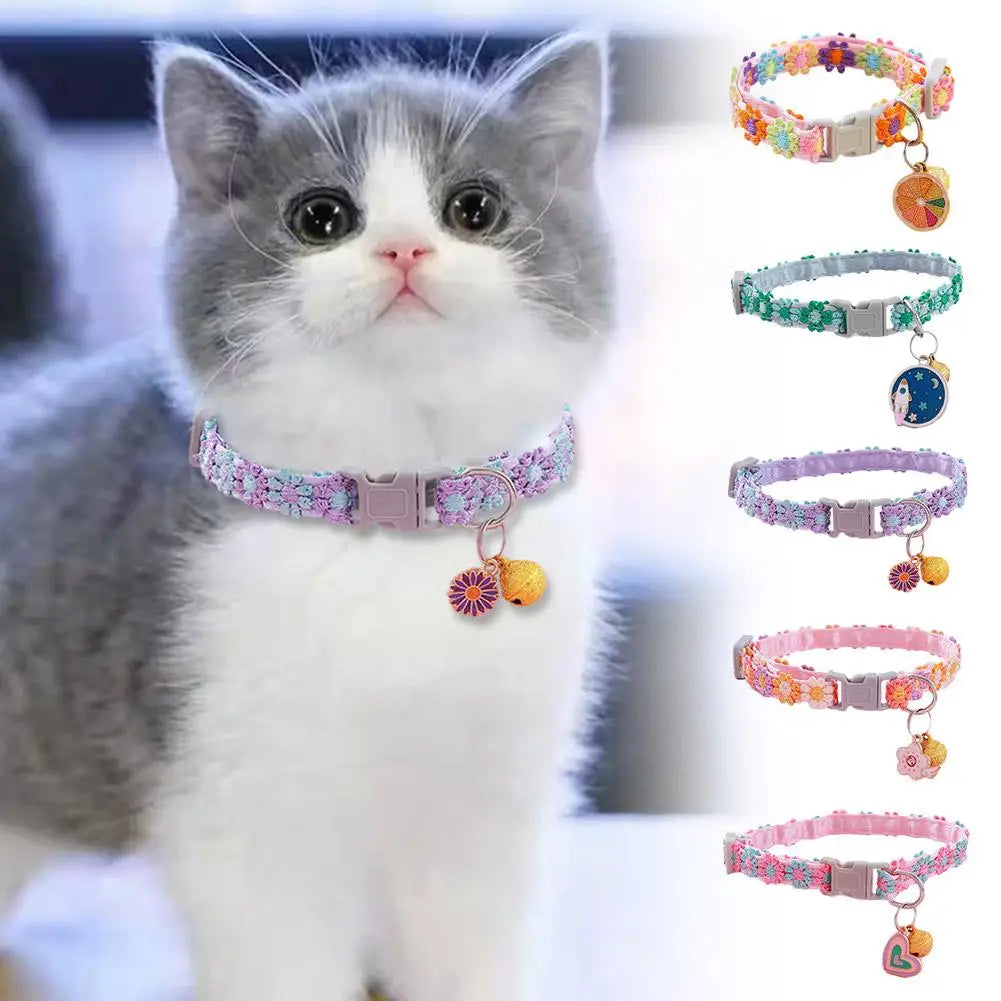Fashion Rainbow Flower Cat Collar With Bell Kitten Puppy Necklace Adjustable Buckle Colorful Lace Kitten Collar Dog Accessories