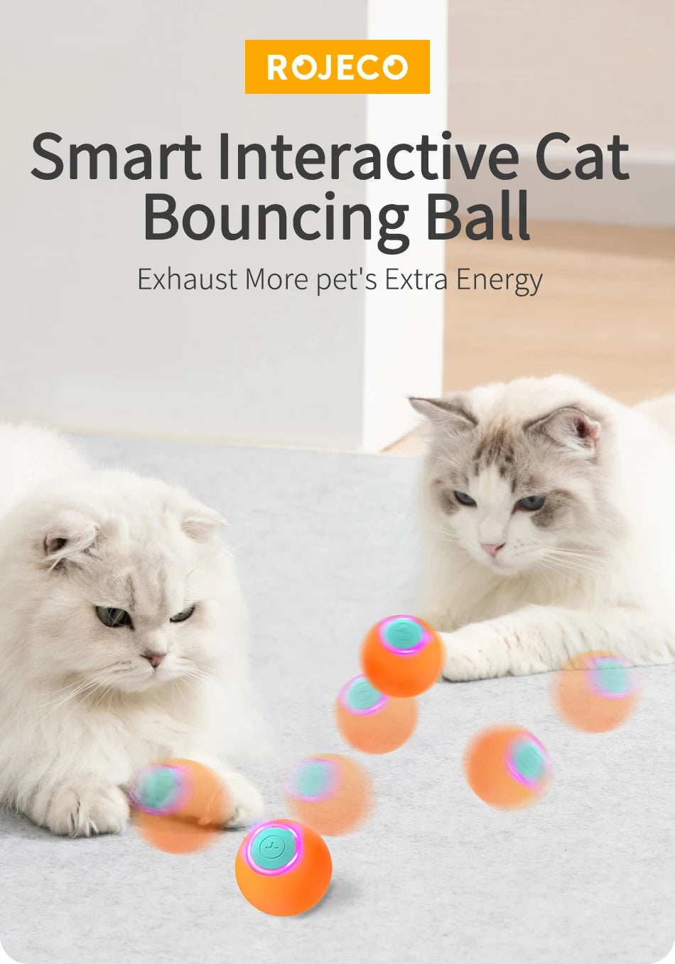 ROJECO Smart Interactive Cat Bouncing Ball Active Rolling Ball For Dog Rechargeable Automatic Rotating Moving Balls For Cat Game