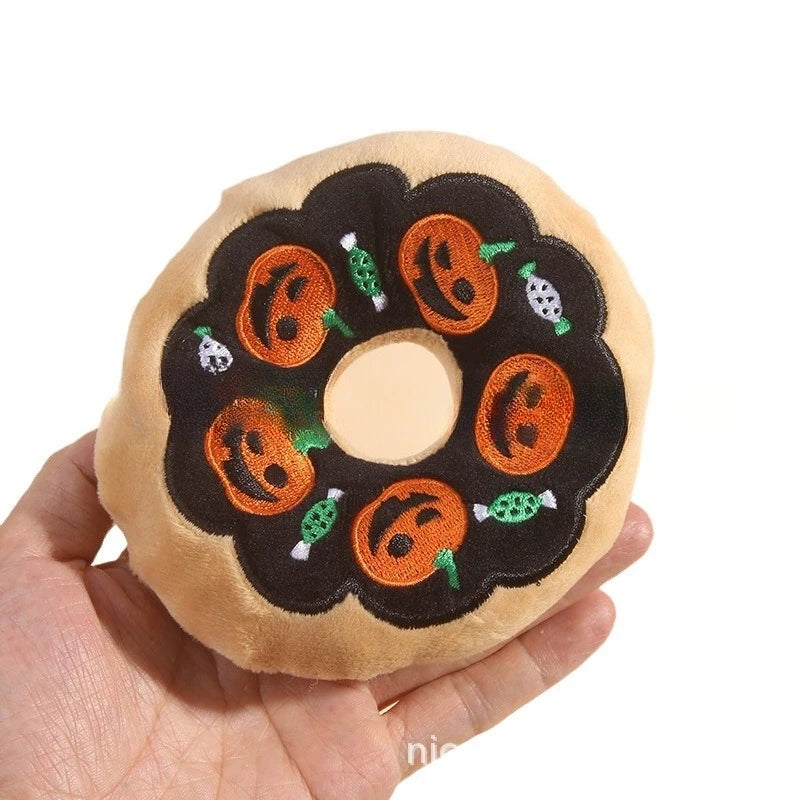 Halloween Dog Toys Pumpkin Ghost Funny Plush Donut Squeaky Pet Toy for Boredom Unstuffed Chew Toy Soft Plush Puppy Toy