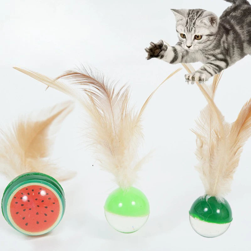 3pcs Cat Elastic Ball Toy Kitten Bouncing Ball with Feathers itten Funny Chasing Game Cat Feather Toys Cat Accessories