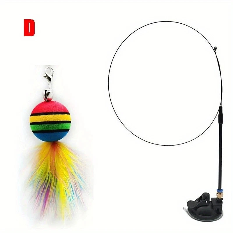 Cat Toys Interactive Funny Cat Feather Wand Suction Cup Ball Feathers Replacements with Bells for Indoor Cats Kitten Exercise