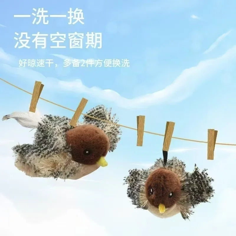 Washable Interactive Cat Toys Plush Flying Bird Squeak Cat Toy Sparrow Catnip Toys Vivid Chirping Simulation Bird Interactive